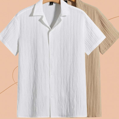 Jenil Fashion Men Self Design Casual White, Cream Shirt(Pack of 2)