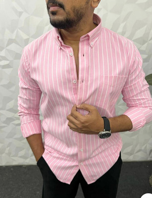 DISHANK CREATION Men Striped Casual Pink Shirt