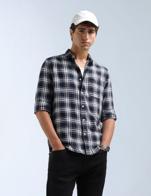 FLYING MACHINE Men Checkered Casual Blue Shirt