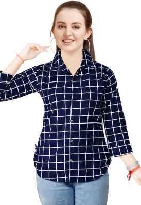 pampa fashion Girls Checkered Casual Dark Blue Shirt