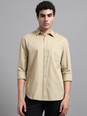 Proword Men Solid Casual Beige Shirt