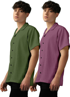 OXXOM Men Self Design, Striped Casual Green, Pink Shirt(Pack of 2)