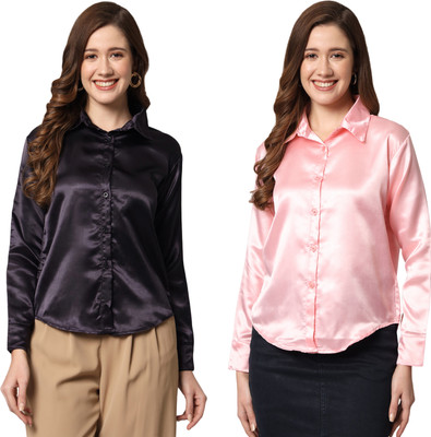 FUNDAY FASHION Women Solid Casual Black, Pink Shirt(Pack of 2)
