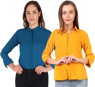 Mamnoon Women Solid Casual Yellow, Blue Shirt(Pack of 2)