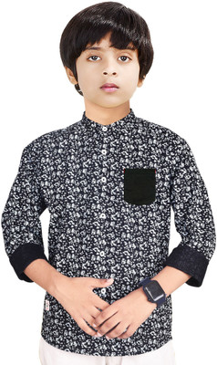 Paper Crane Boys Self Design Casual Black, White Shirt