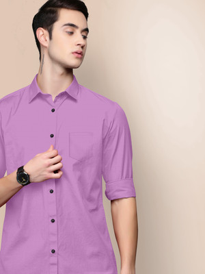LUNGER Men Solid Casual Purple Shirt
