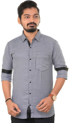 PUBHIZA Men Checkered Casual Dark Blue Shirt
