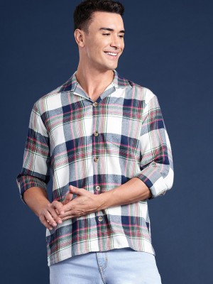 Hancock Men Checkered Casual Beige, Blue Shirt