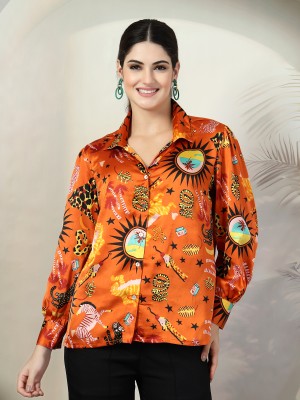 PLUSS Women Printed Casual Orange Shirt