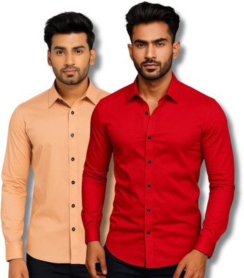 MANCHESTER & CO Men Solid Casual Orange, Red Shirt(Pack of 2)