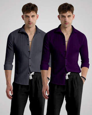 kruze Men Self Design Casual Grey, Purple Shirt(Pack of 2)