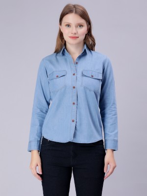 Glamoda Women Solid Casual Light Blue Shirt