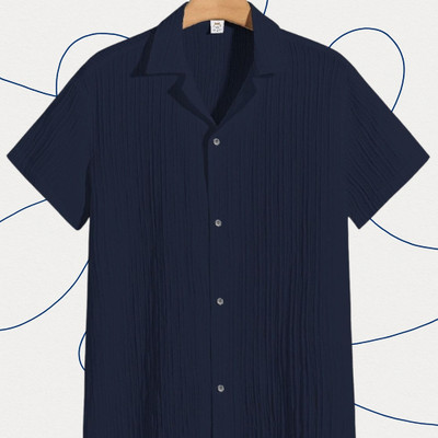 Looksky Men Self Design Casual Dark Blue Shirt