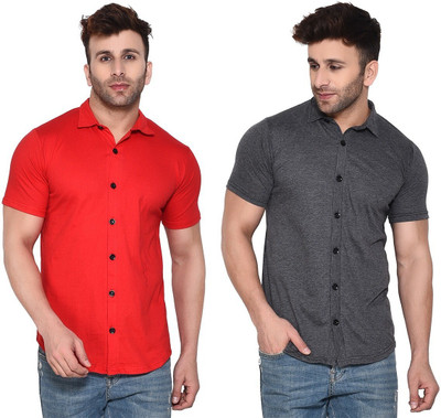 GEUM Men Solid Casual Red, Grey Shirt(Pack of 2)
