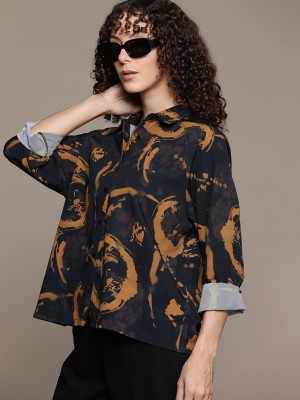 Roadster Women Printed Casual Brown, Dark Blue, Yellow Shirt