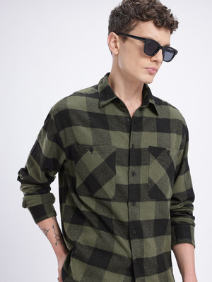 Glitchez Men Checkered Casual Green Shirt