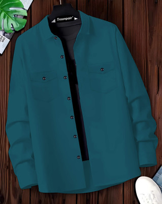 Troonpair Men Solid Casual Dark Blue Shirt