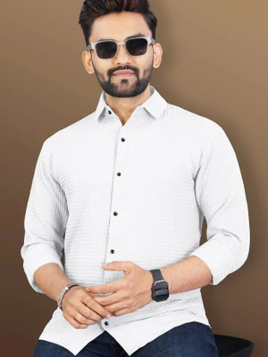 drezia Men Self Design Casual White Shirt