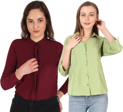 Hunoor Women Solid Casual Light Green, Maroon Shirt(Pack of 2)