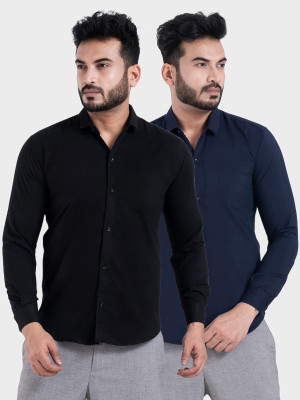 BONCUE Men Solid Casual Black, Dark Blue Shirt(Pack of 2)