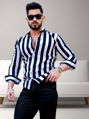 GCFAB Men Striped Casual Black, White Shirt