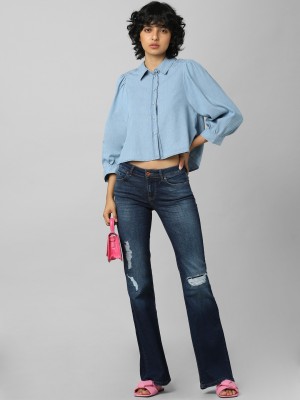 ONLY Women Solid Casual Blue Shirt