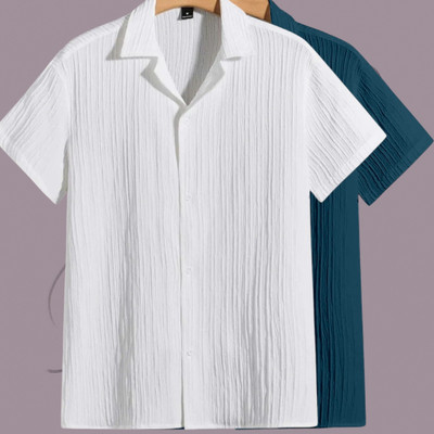 Looksky Men Self Design Casual White, Blue Shirt(Pack of 2)