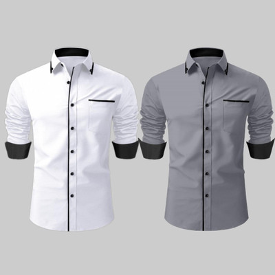 LAXBON Men Solid Casual White, Grey Shirt(Pack of 2)