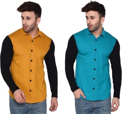 Trendfull Men Color Block Casual Gold, Light Green Shirt(Pack of 2)