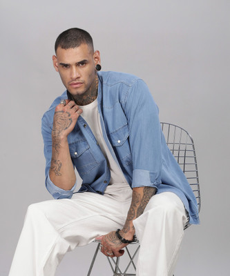 7th Legion Men Self Design Casual Light Blue Shirt
