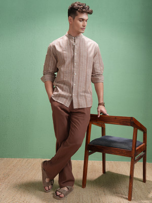 HIGHLANDER Men Striped Casual Brown Shirt