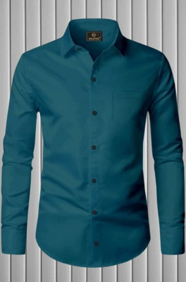 MUMIN Men Self Design Formal Blue Shirt