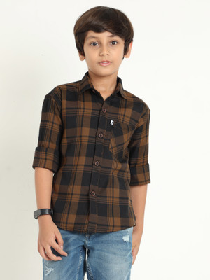 ALLWIN PAUL Boys Checkered Casual Brown Shirt
