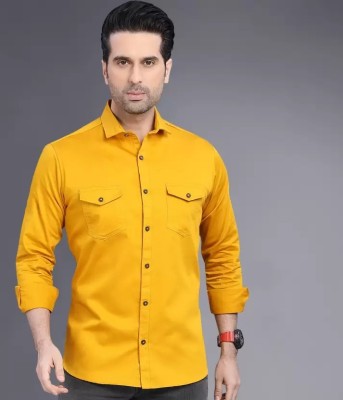 GreenFlair Men Solid Casual Yellow Shirt