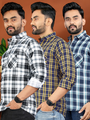 allan peter Men Checkered Casual Multicolor Shirt(Pack of 3)