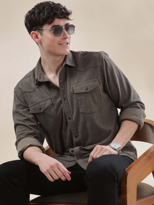 HERE&NOW Men Self Design Casual Green Shirt