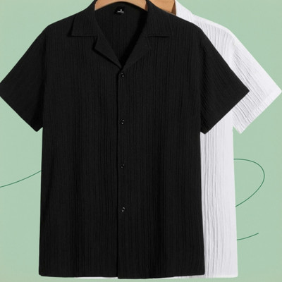 Looksky Men Self Design Casual Black, White Shirt(Pack of 2)