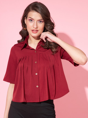 SLENOR Women Solid Party Maroon Shirt