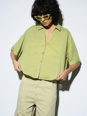 ONLY Women Solid Casual Green Shirt