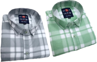 COTnZIP Men Checkered Casual Green, Grey, White Shirt(Pack of 2)
