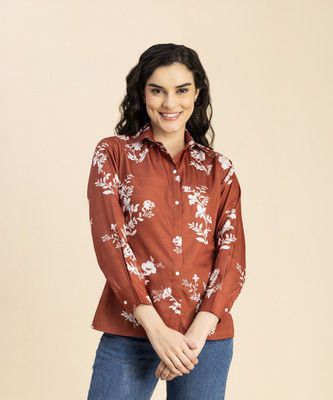 moomaya Women Printed Casual Brown, White Shirt