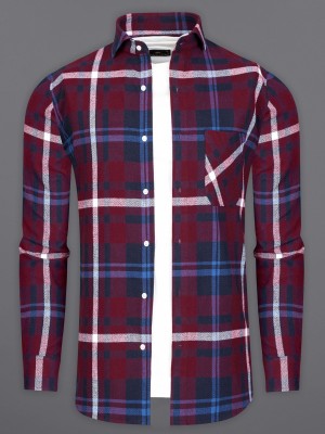 french crown Men Checkered Casual Maroon, Blue Shirt