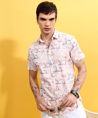 KETCH Men Printed Casual Pink Shirt