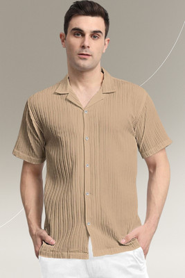 A DEEMOON TREND Men Solid Casual Cream Shirt