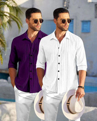 HEMAS LIFESTYLE Men Self Design Casual Purple, White Shirt(Pack of 2)