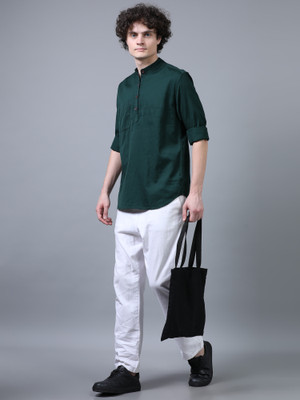 Last stitch Men Solid Straight Kurta(Dark Green)
