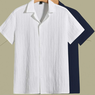 Looksky Men Striped, Self Design, Solid Casual White, Dark Blue Shirt(Pack of 2)