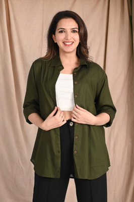 METRONAUT Women Self Design Casual Dark Green Shirt