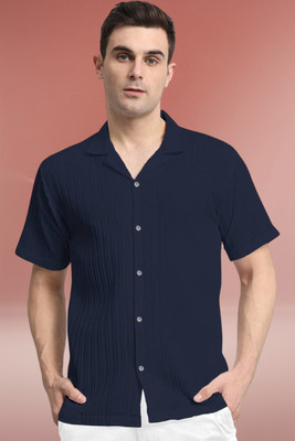A DEEMOON TREND Men Self Design Casual Dark Blue Shirt