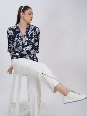 clobug Women Printed Casual Dark Blue Shirt